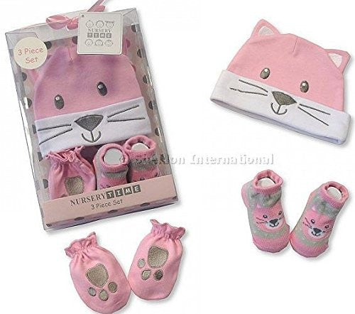 Very Cute Set for Baby - 0 to 6 months Hat, Mittens and Booties Blue Or Pink