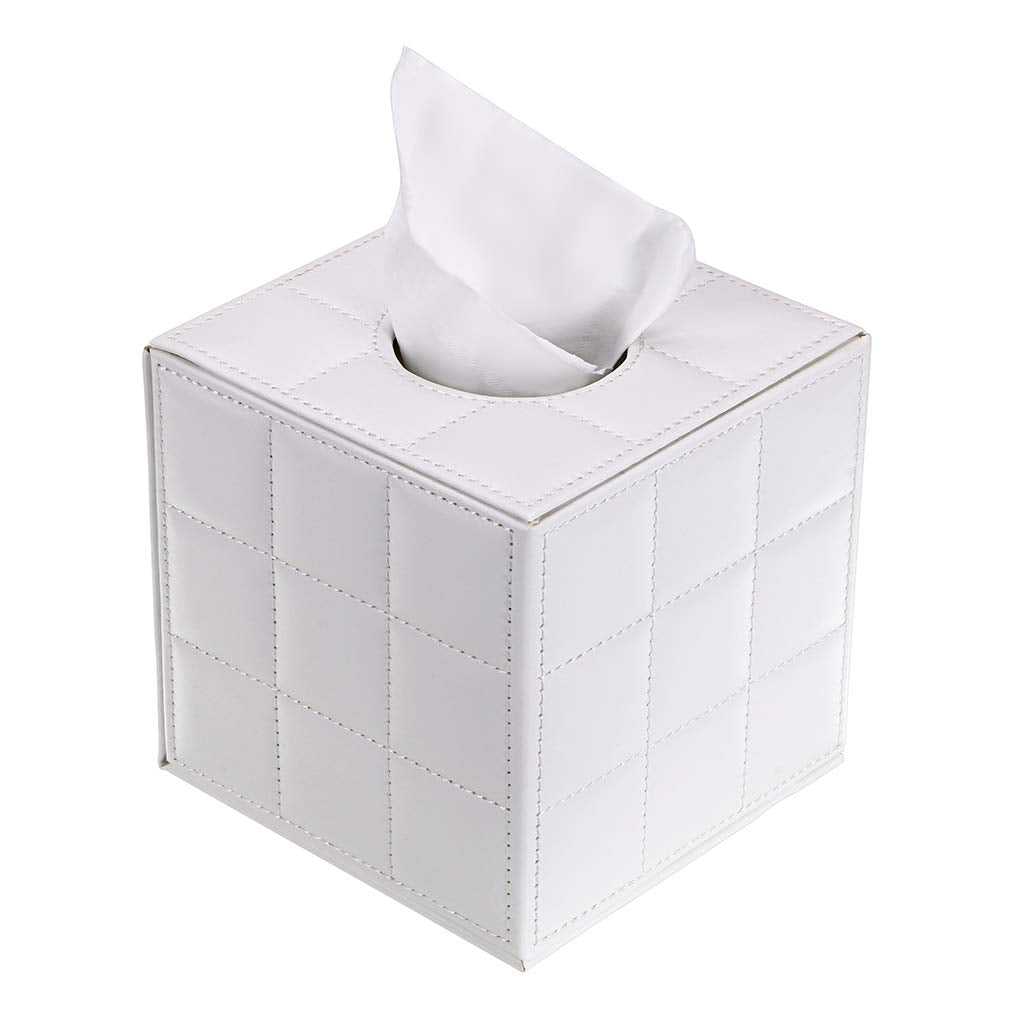 BTSKY PU Leather Cube Tissue Box Holder - Household Office Tissue Cover Case Paper Holder Napkin Holder Desk Organizer (White Cube)