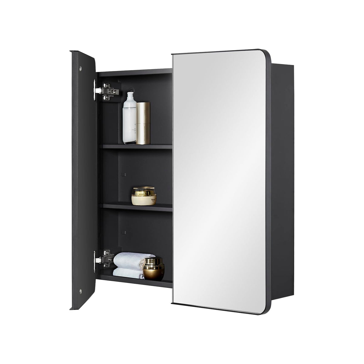 Fundin Bathroom Mirror Medicine Cabinet with Storage - Double Door, Metal Framed Round Corner, Adjustable Shelves, Matte Black, Surface Mount Wall