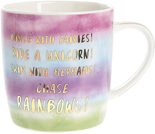 "Fairies, Unicorn, Mermaids, Rainbows" Pretty Fantasy Rainbow Multi Coloured Fine China Mug In Presentation Box