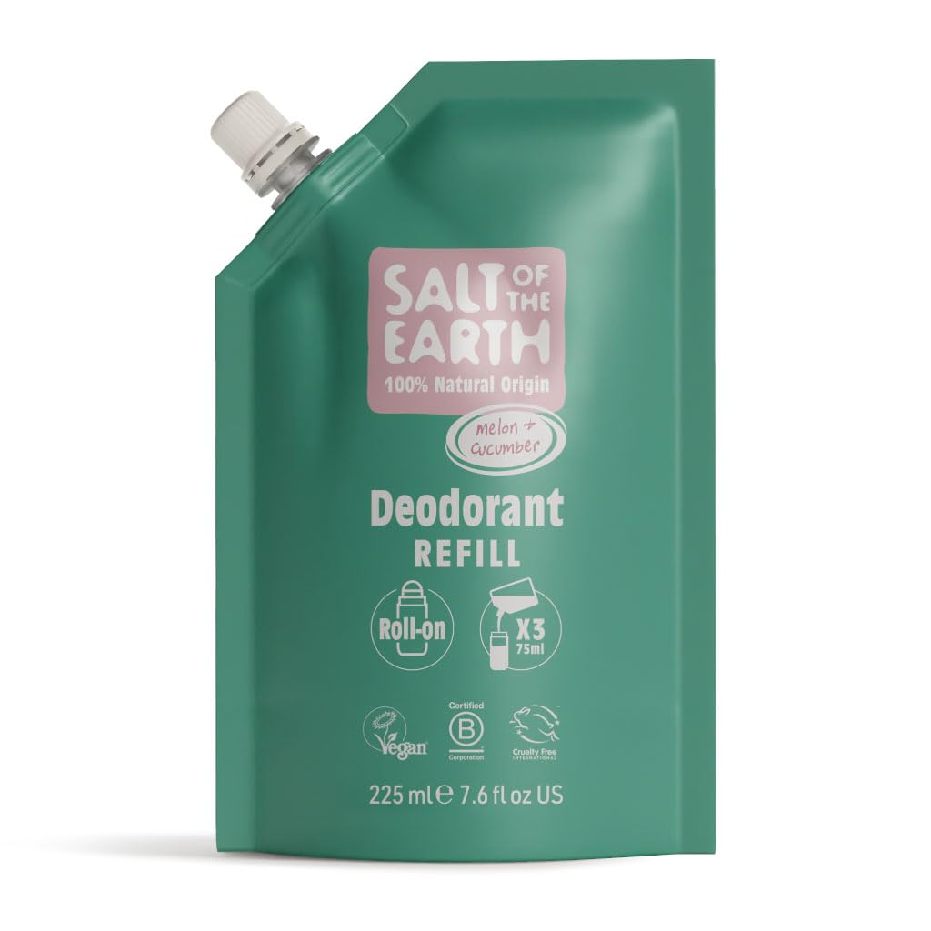Salt of the Earth - Natural Deodorant Roll On Refill Pouch, x3 Uses - Melon & Cucumber - Vegan, Long Lasting Protection, Leaping Bunny Approved, Made
