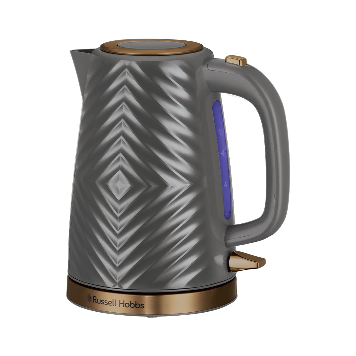 Russell Hobbs Groove Electric 1.7L Cordless Kettle (Fast Boil 3KW, Grey textured plastic with brushed gold accents, Removable washable anti-scale