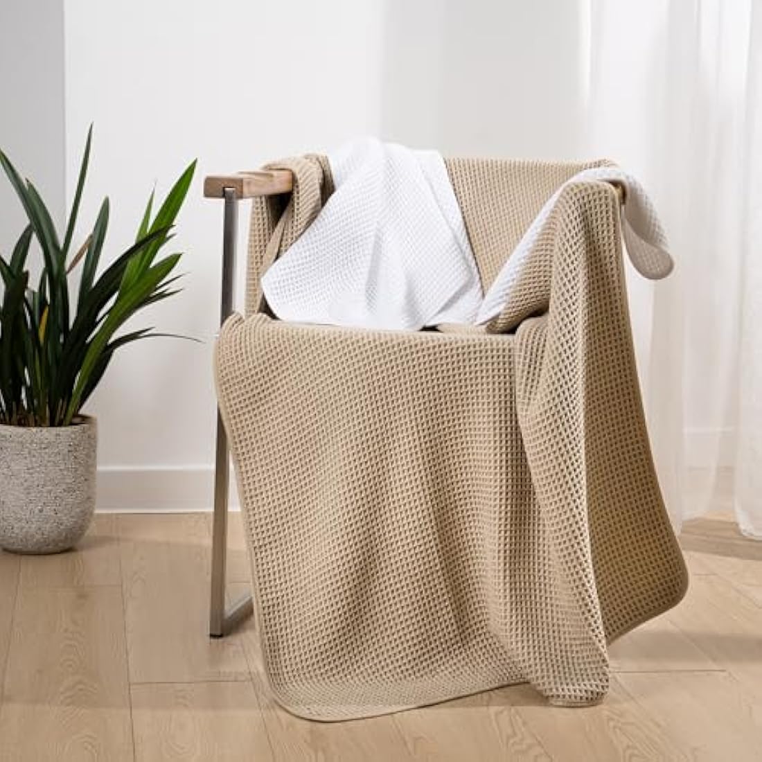POLYTE Microfibre Oversize, 76 x 152 cm, Quick Dry Lint Free Bath Towel Set, 6 Piece (White,Beige, Waffle Weave)