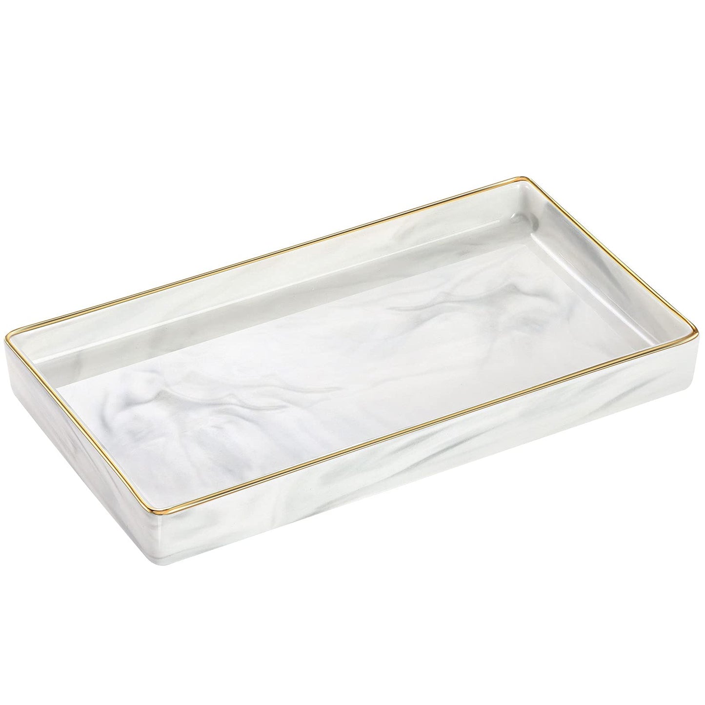 Luxspire Bathroom Vanity Tray, Marble Ceramic Decorative Tray Jewelry Counter Storage Organizer, Gold Edged Dresser Kitchen Sink Tray for Perfume