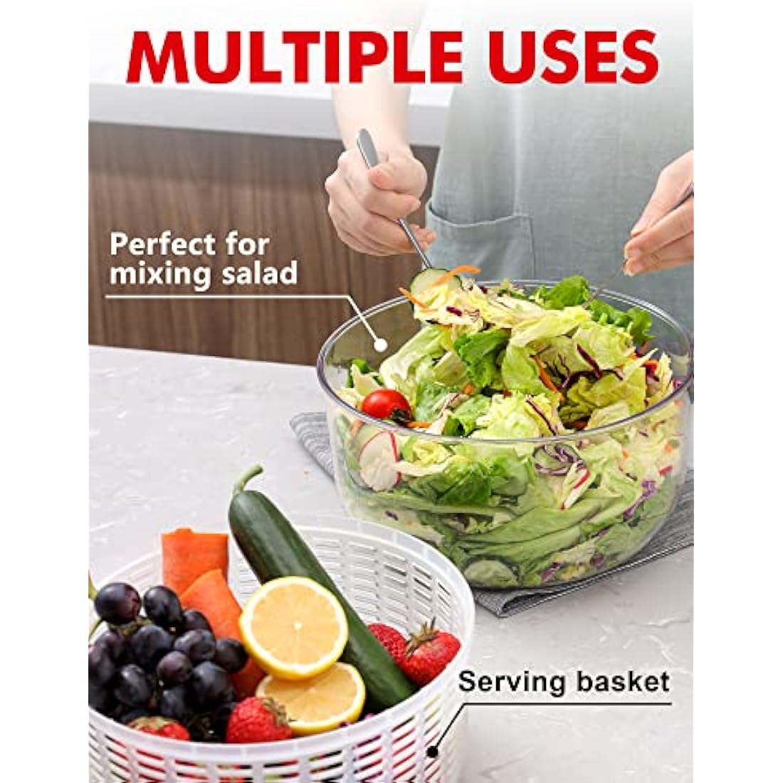 Salad Spinner Large, 5L Lettuce Spinner Salad Dryer Fruit Vegetable Washer Easy to Clean Mixer Easy and Quick Drying, Salad Maker Salad Spinners for Vegetables Fruits