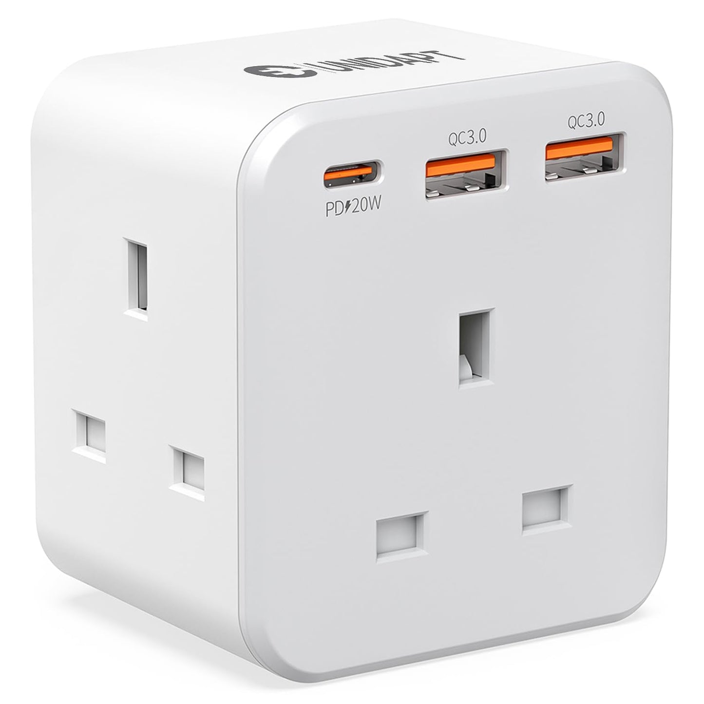 Unidapt 3 Way Plug Adaptor with 3 Fast Charge Ports, Multi Plug Extension with PD 20W USB-C and 2 USB-A QC 3.0, 13A UK Plug Extender Socket, Triple