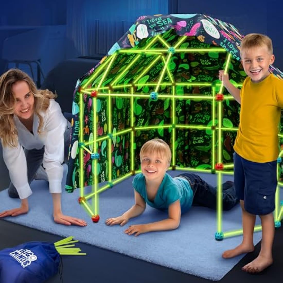 Big Minds - Den Building Kit Glow In The Dark | Fort Building Kits For Kids | Construction Toys Stem 130 Piece | Den Making Kit Infinite Shapes | Den Making Kit | 5 Year Old Girls Gifts |