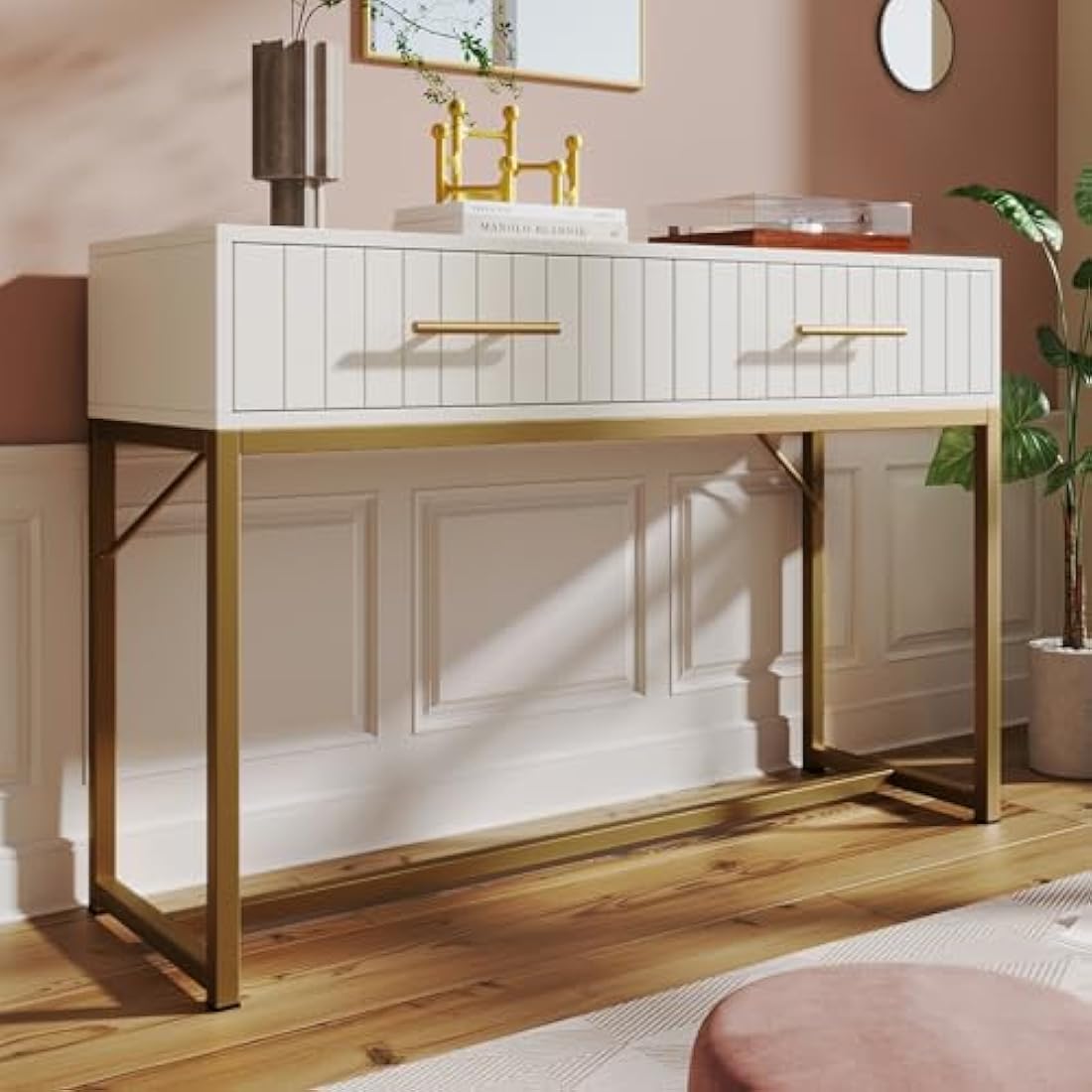 Merax Modern Desk with Drawers 2, Dressing Table with Ribbing Drawer Fronts, Wooden Vanity Desk, Golden Metal Legs, Makeup Desk Storage Table for Bedroom Living Room, White, 100 x 45 x 75cm