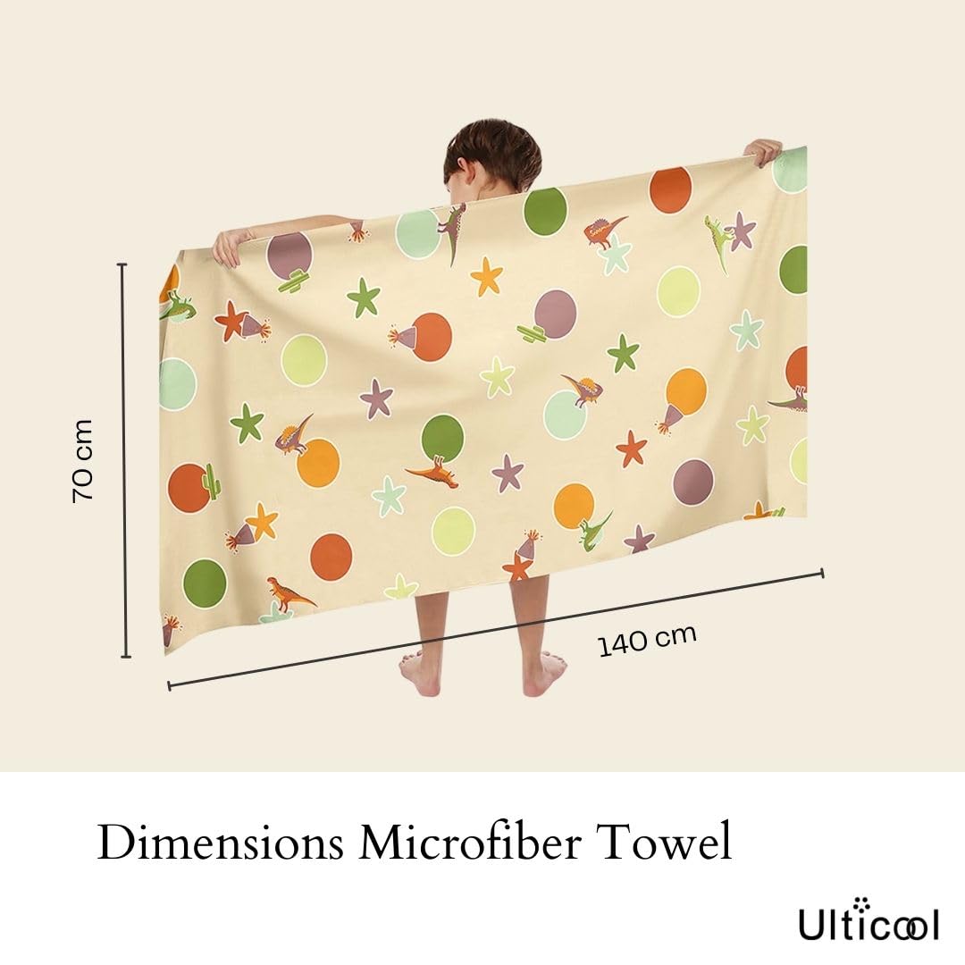 Ulticool Microfibre Children's Beach Towel 140 x 70 cm - Cat Dinosaur Blue - Lightweight Quick-Drying Travel Towel
