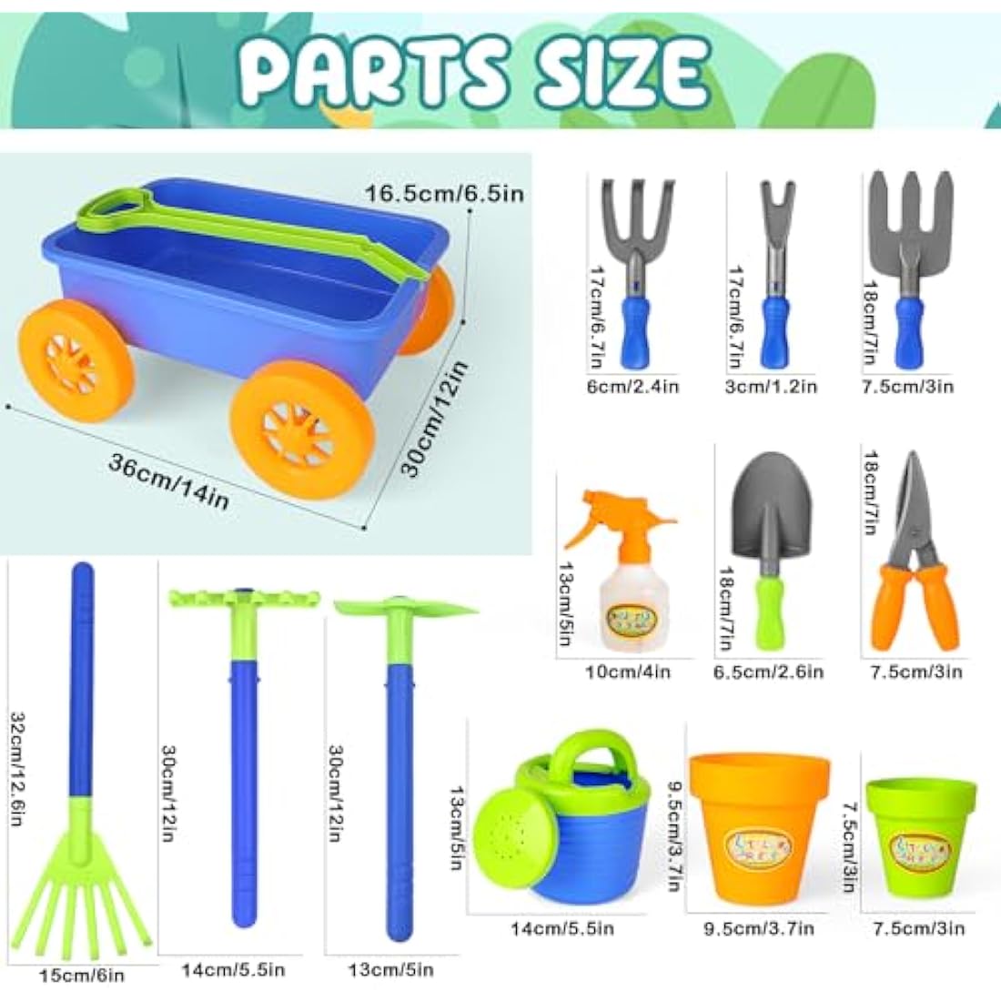 deAO Pull along Kids Wagon Wheelbarrow and Gardening Tools Play Set Includes 10 Accessories and 4 Plant Pots