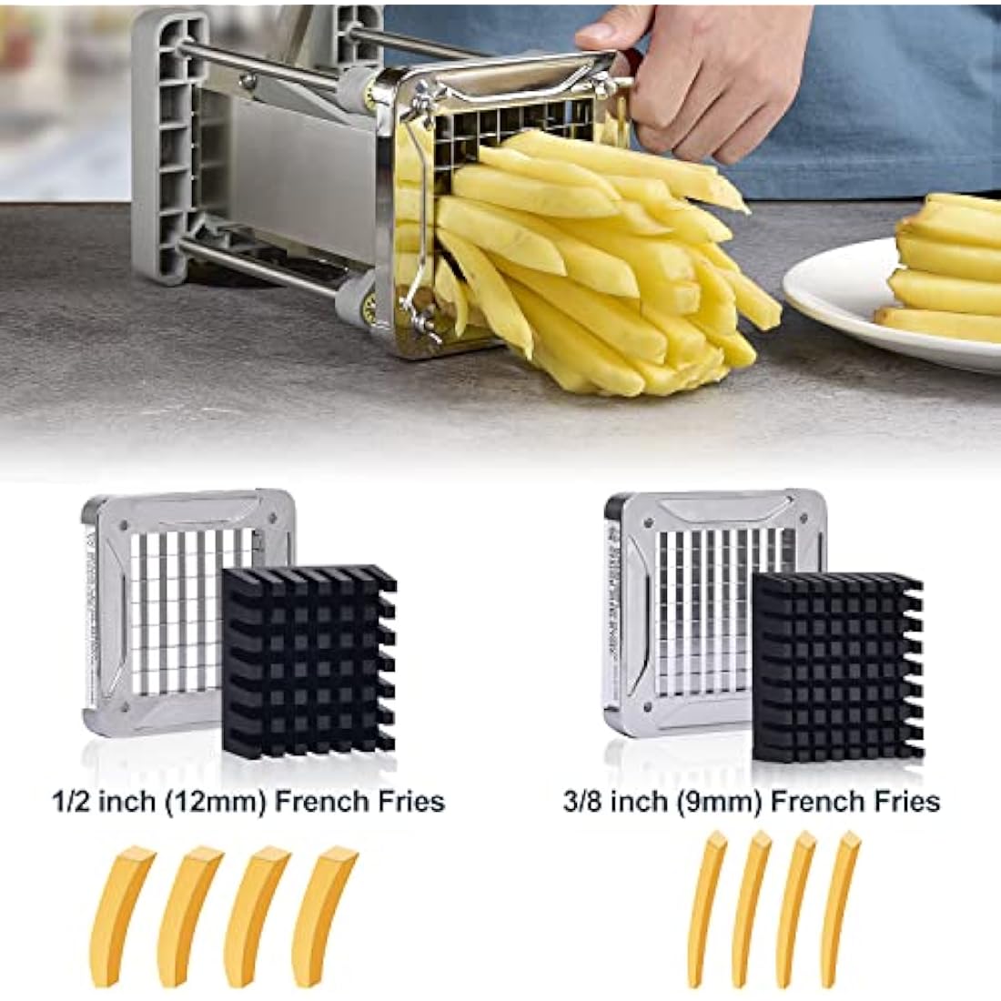 Chip Cutter, Sopito Professional Potato Chipper Stainless Steel with 1/2 Inch and 3/8 Inch French Fries Cutter Replacement Blades for Home and Commercial Use
