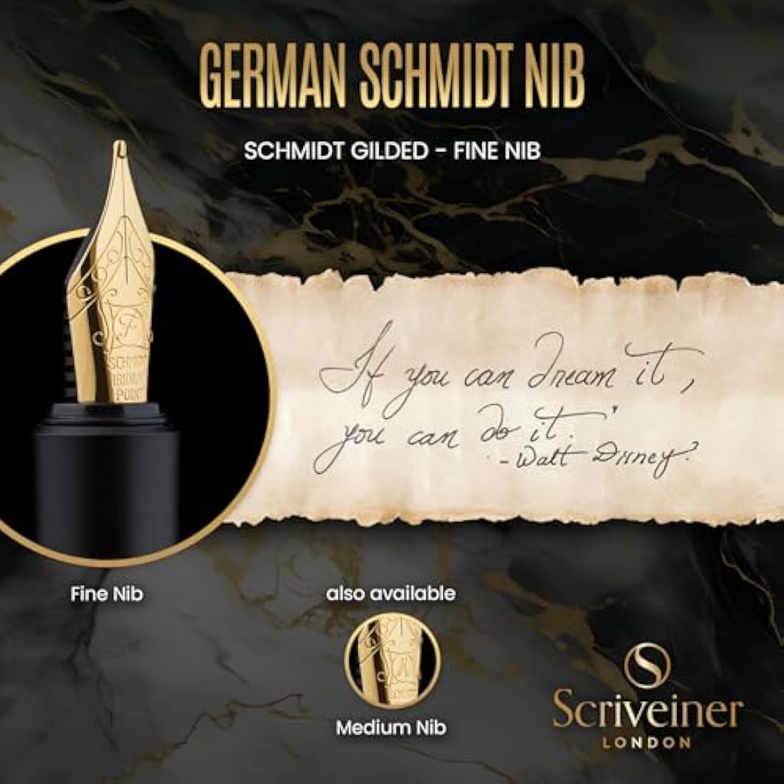 Scriveiner Luxury EDC Fountain Pen (Fine), Stunning Black Pocket Pen, Real Gold Plating, Schmidt Gilded Nib, Converter, Best Writing Pen Gift Set for Men & Women, Nice Fancy Office Designer Pen