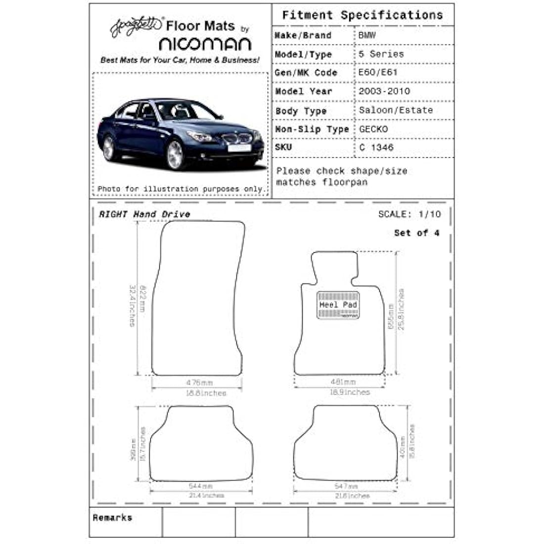Nicoman Spaghetti All-Weather Fully Tailored Car mats Fit【5-Series Saloon/Estate E60/E61 Year 2003-2010】(Full Set 4-Piece,Black)