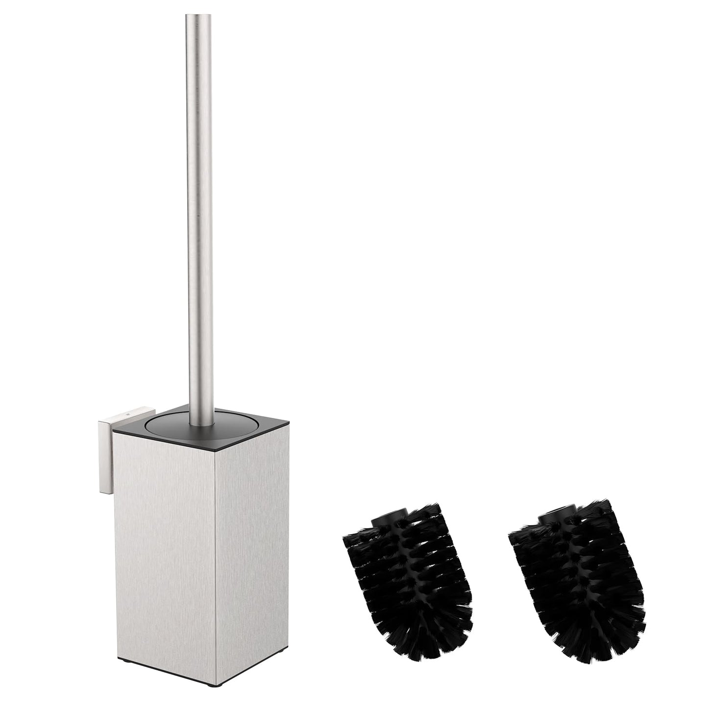 Mozmmhi 304 Stainless Steel Toilet Brush Set with Wall Mounting and Toilet Brush Holder - Includes 2 Brush Heads (Square Silver)