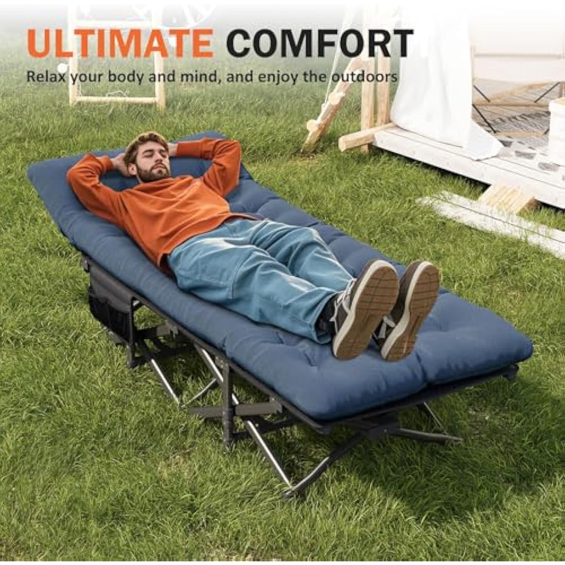 ATORPOK SHOP Camp Beds for Adults with Cushion, Portable Tent Comfortable Travel Camping Cot for Sleeping, cot with Carry Bag Supports 450 lbs (Blue)