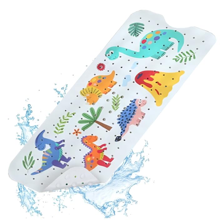 Kids Bath Mat Non Slip Fun Dinosaur Print - 100x40cm Extra Long Baby Bath Mat Anti Mould, Machine Washable Bathtub Mat with Suction Cups for Secure