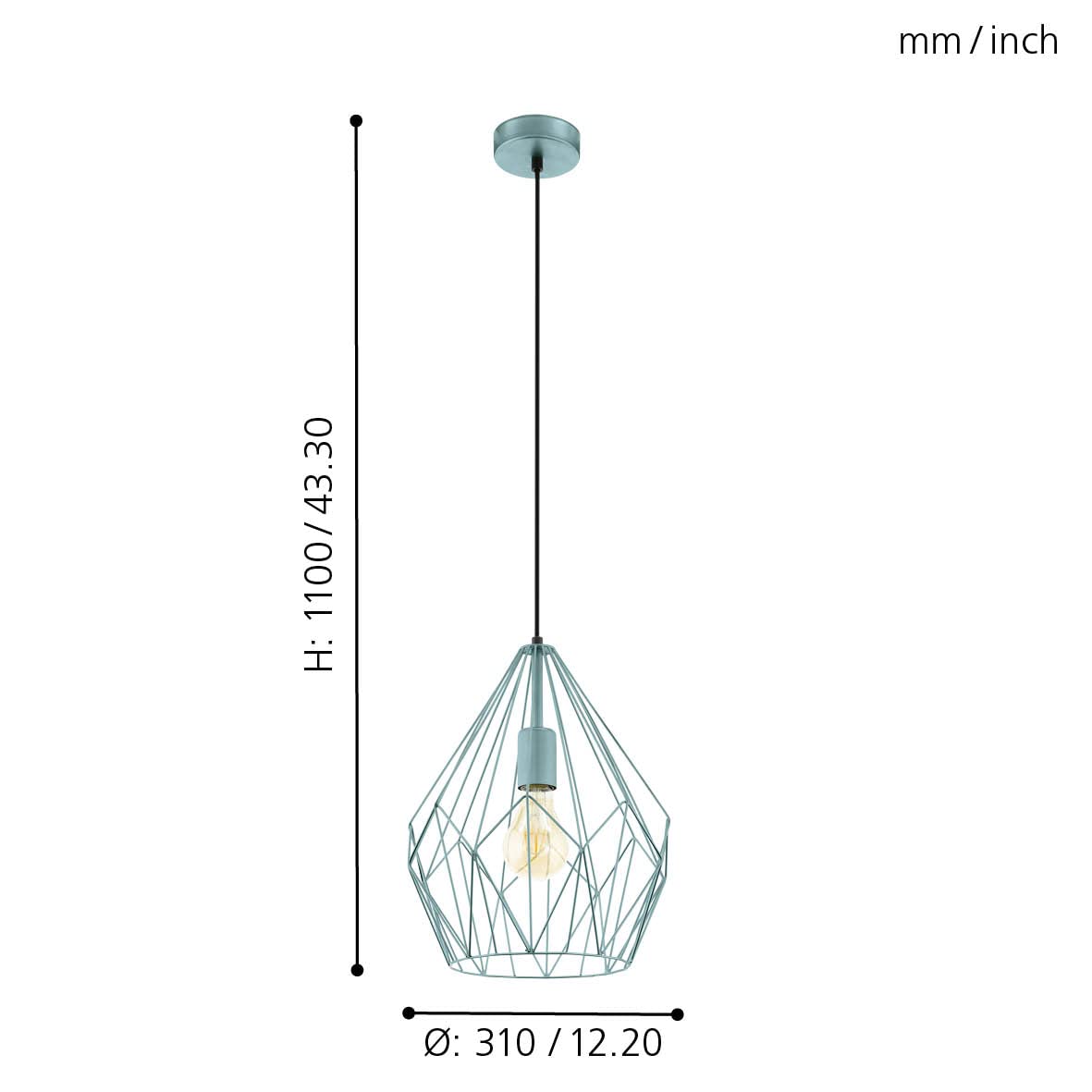 Eglo Carlton 1 Vintage Pendant Lamp, Retro Ceiling Light in Mint Steel, Dining and Living Room Hanging Lighting, E27 Socket