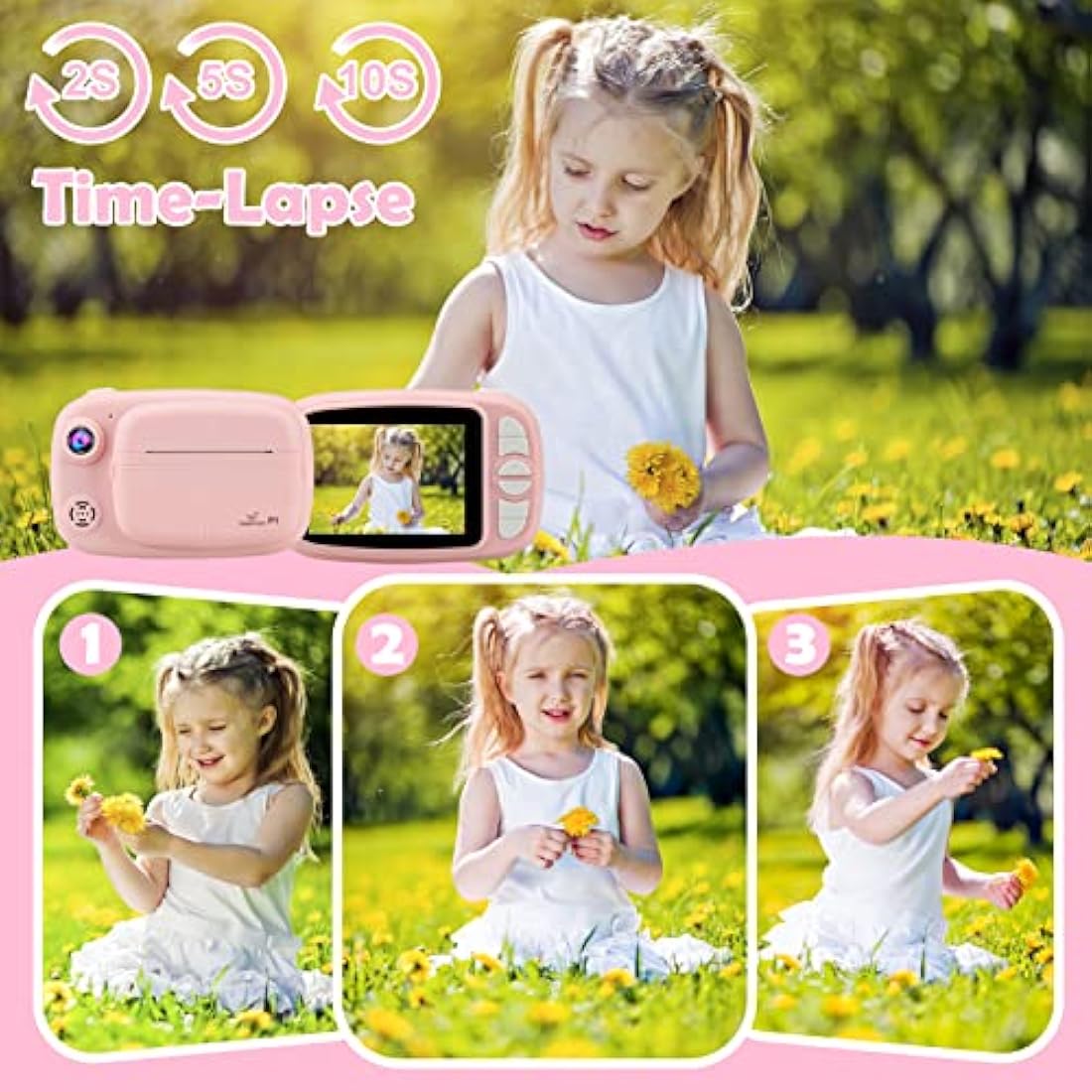 GlobalCrown Instant Camera for Kids,Camera Instant Print 3.5 Inch Screen Video Child Digital Print Photo Gifts for Boys Girls (Included 4 Rolls of Printing Paper and 32GB Card)