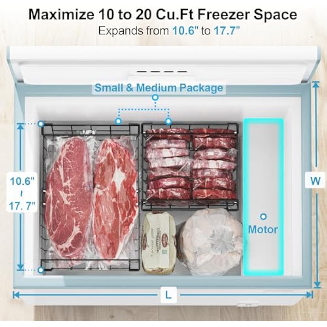 iSPECLE Chest Freezer Baskets - Expandable Fit 283 to 566L Deep Freezer, 4 Pack Large Stackable Wire Basket Add Space Easily Get Frozen Foods with Handles, Allow Air Circulation, Black