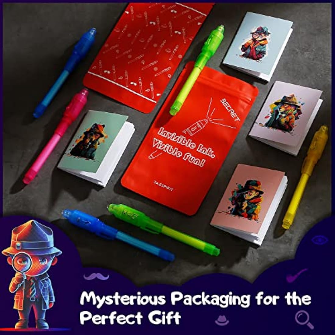 DazSpirit 16 Packs Invisible Ink Pens and Notebooks - Detective Theme, UV Light Spy Pens Party Bag Fillers for Boys and Girls, Magic Secret Message Pens for Detective Parties, Treasure Hunt