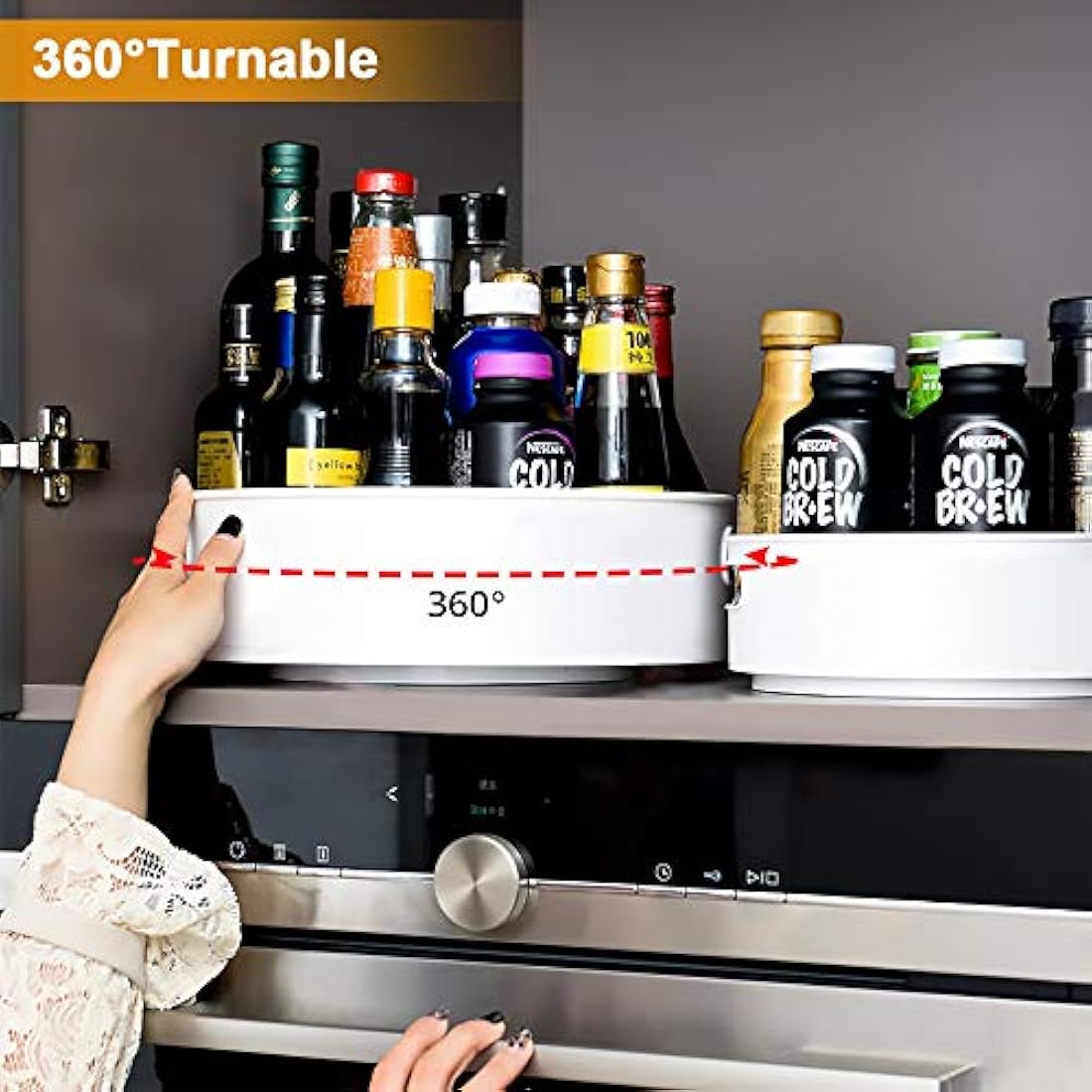 Semlos 2 Packs Lazy Susan Turntable Cupboard Organizers, Multi-Functional Spice Rack for Kitchen Storage, Revolving Condiment Holders, Non-Slip Storage Racks 9", Grey White