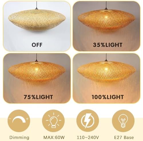 Schindora Creativity Hanging Lights,Handwoven Hat Bamboo Light Shade Retro Ceiling Pendant Light 100Cm Vintage Ceiling Lights for Kitchen Dining Room Living Room Restaurant,Light Straw