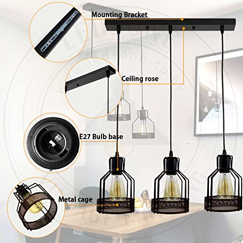 LEDSone Industrial 3 Lights Ceiling Lamp Adjustable Hanging Pendant Lights Flush Mount Ceiling Lighting Fixture E27 Base Black Bird Cage Pendant Lamp
