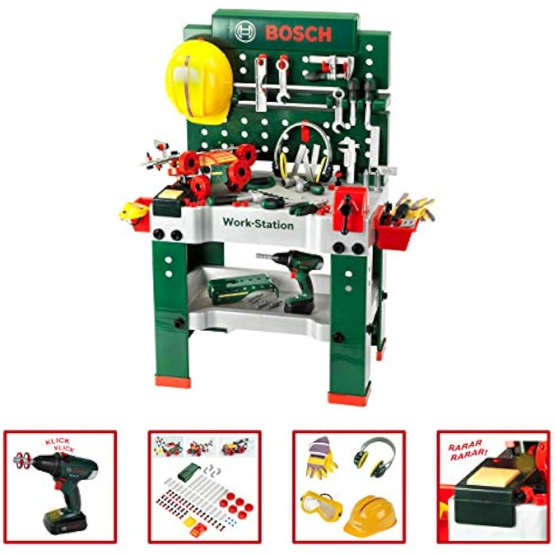 Theo Klein 8485 Bosch Workbench No. 1 I 150 Parts I Includes Cordless Screwdriver, Construction Set, Sander and Much More | Battery-Powered Cordless Screwdriver with Light and Realistic Sounds