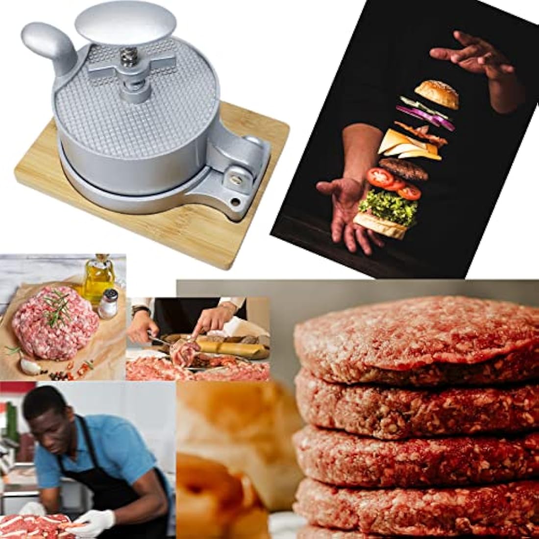 laffeya Hamburger Press Patty Maker, Patty Press & Wood Stand, Patty Makers, Adjustable Spring Burger Press, Push Plunger Hamburger Press (Spring Burger Press)
