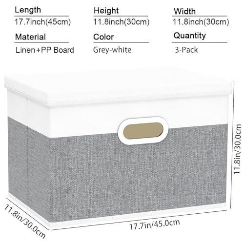 Yawinhe Large Storage Box with Lid 3 Pack, Collapsible Cubes Baskets, for Cupboards, Wardrobe, Shelves, 44x30x30cm, White/Grey, SNK023WGX-3