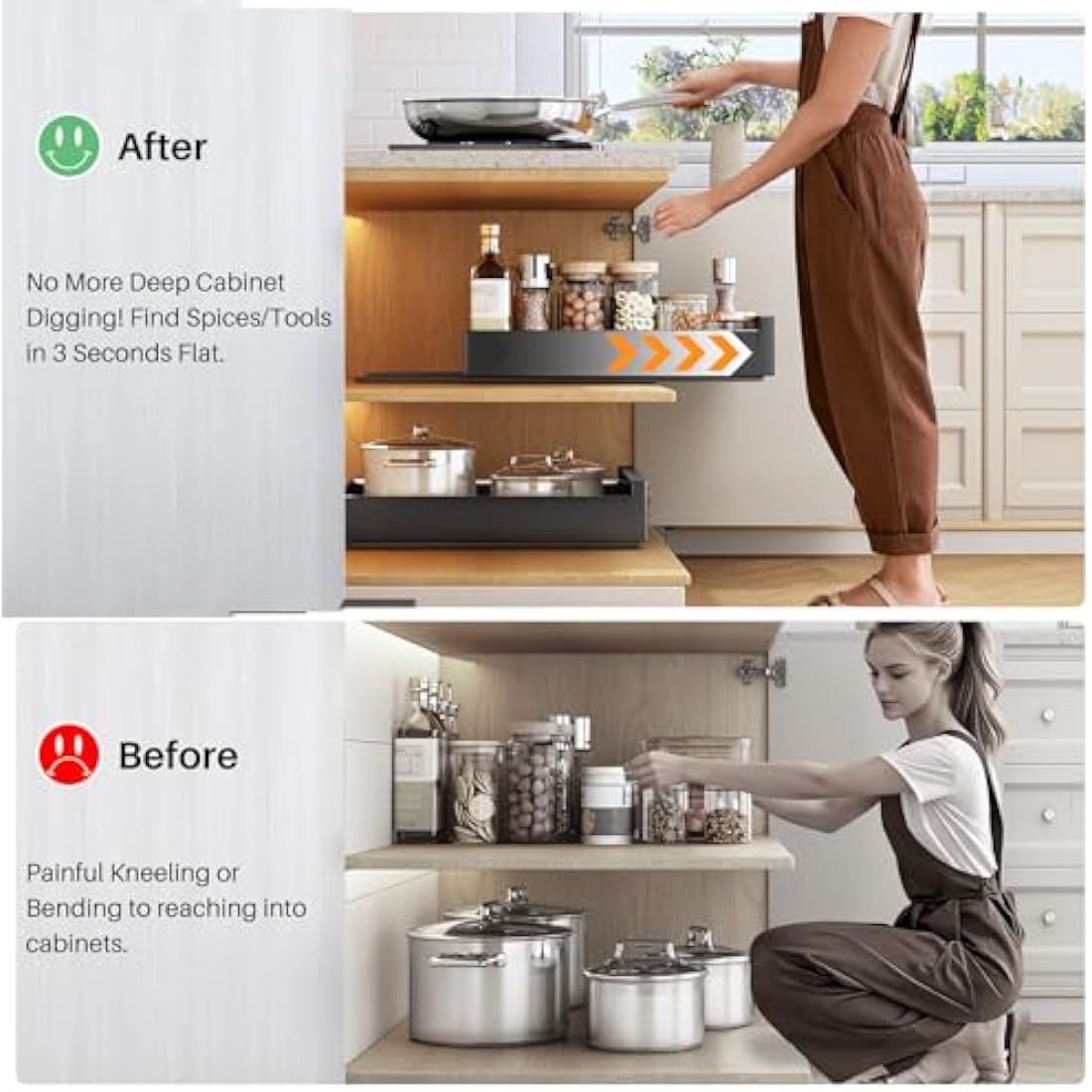 SAYZH Pull Out Cabinet Organiser, Heavy Duty Slide Out Drawer Storage Shelves for Kitchen Cupboard, Extendable Sliding Drawer(43 CM Depth x 25 CM Width x 9CM Height), No Need Drill(Black)