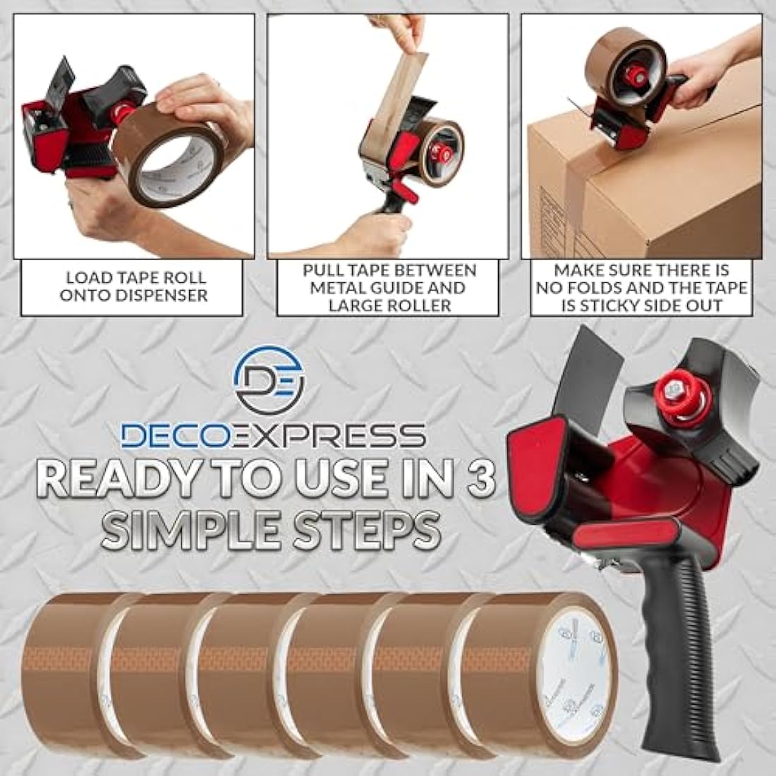 DECO EXPRESS Packaging Tape Dispenser Gun and 6 Rolls Parcel Tape Strong Brown Fragile Clear Heavy Duty for Packing Boxes Moving House Essentials (Dispenser Brown, 1 Pack)