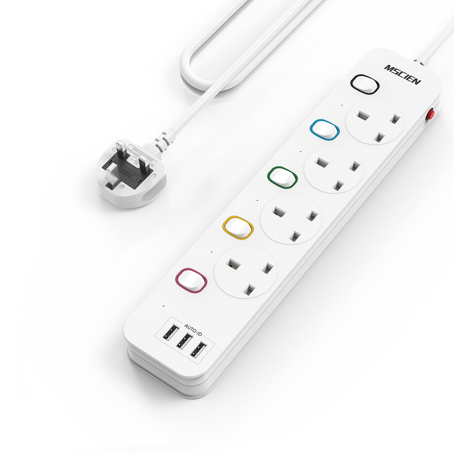 Mscien 4M Extension Lead with USB Slots, 4 Way 3 USB Extension Socket with Individual Switches Mountable Power Strips with 4 Meters Extension cable