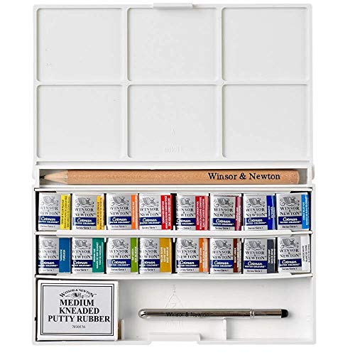 Winsor & Newton, Cotman Watercolour, ‘Complete Pocket Set’, 16 x Half Pans + 1 x Travel Brush PLUS 1 x Kneaded Eraser + 1 x Pencil