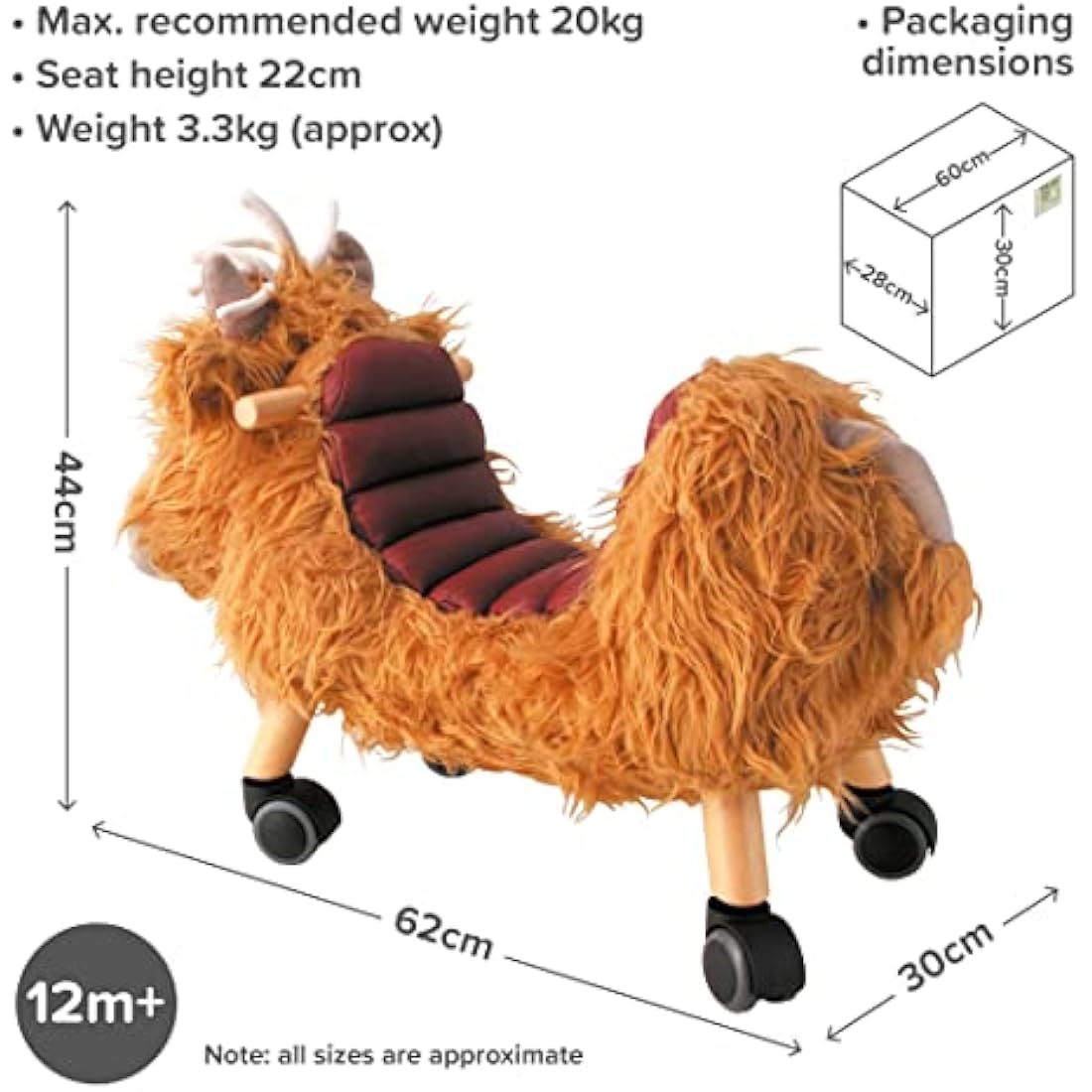 Little Bird Told Me - Hubert Highland Cow Award Winning Ride On Toy for Toddler 12+ Months Unisex - Soft Animal Toy on Wheels, Sturdy Wooden Frame, Wipe Clean Supportive Seat, British Brand Since 2007