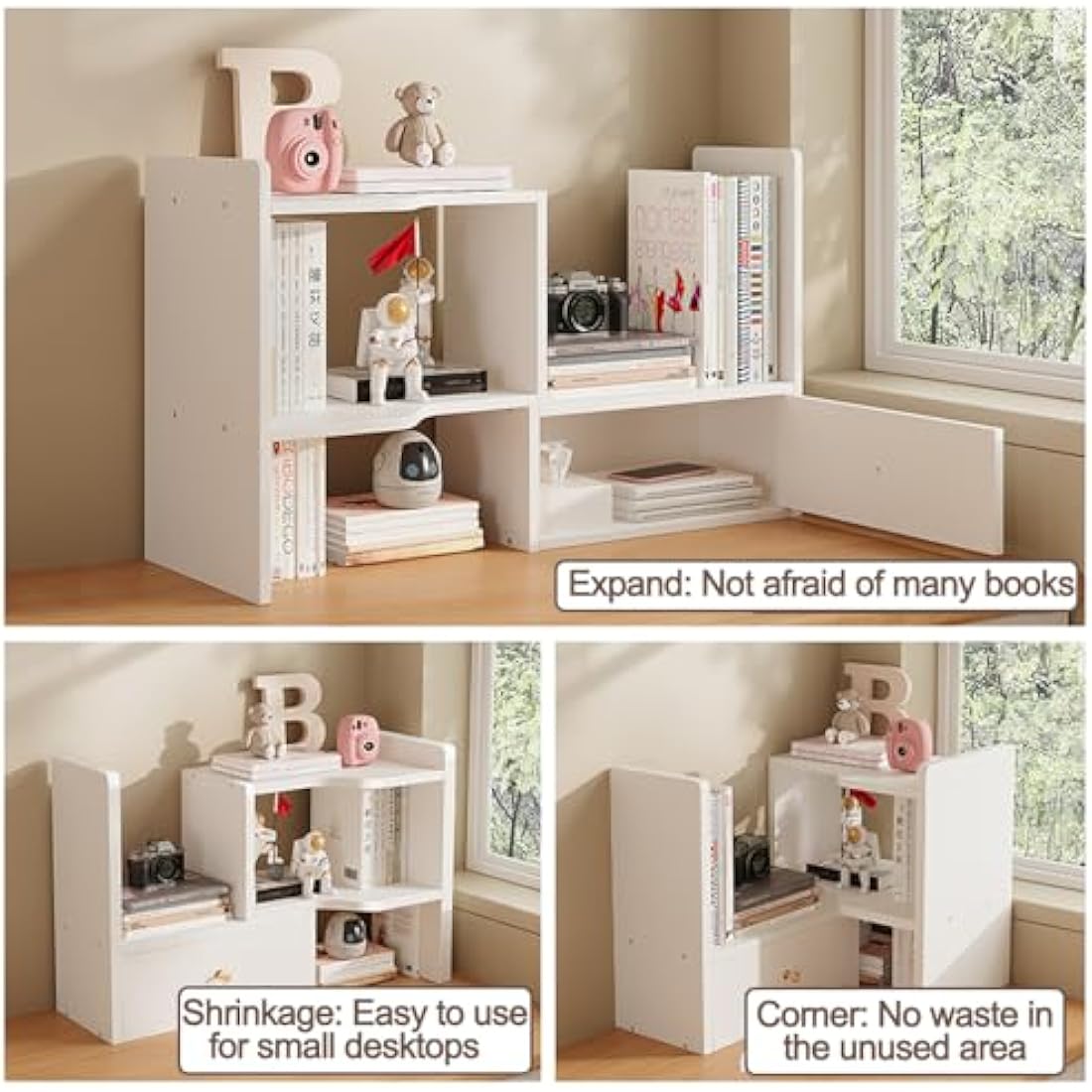 NUODWELL Expandable Desktop Bookshelf, Freestanding Adjustable Office Storage Rack Desk Tidy Organiser Countertop Bookcase for Office & Home (White)