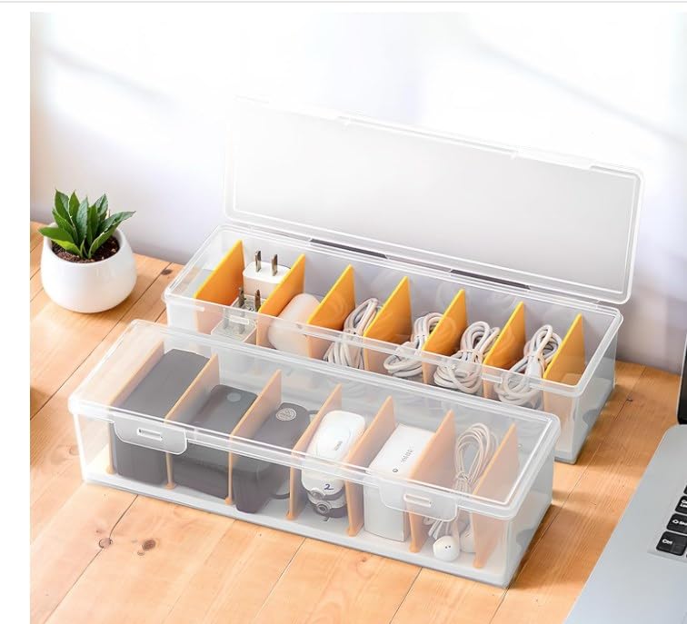 PAVSTINE Cable Management Box with Lid, 7 Compartment Data Tidy, Plastic Storage Box for Charger Organiser, Desk Wire Tidy, Transparent