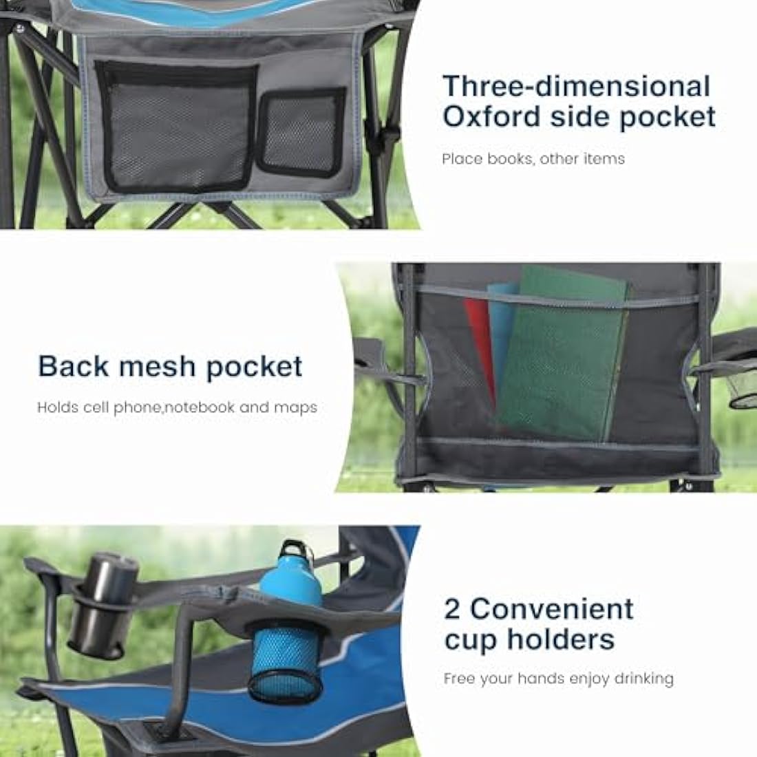 ALPHA CAMP Camping Folding Chair for Heavy People Portable Heavy Duty Chair Support 160 KG Oversized camp chair Outdoor for Adult with Cup Holder and Side Pocket, Blue/Gray