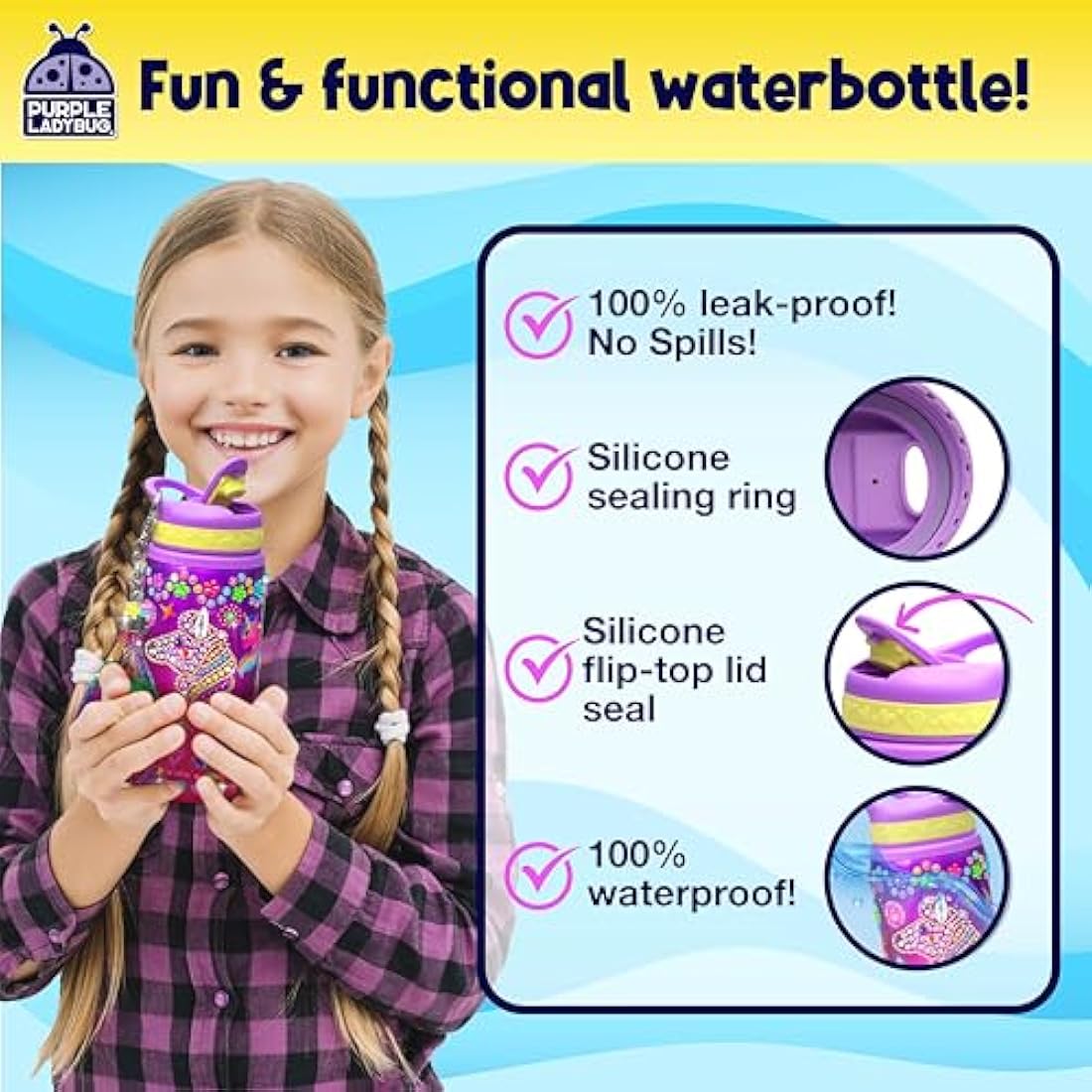 PURPLE LADYBUG Decorate Your Own Water Bottle Craft Kits for Kids - Unicorn Gifts for Girls, 6 Year Old Girl Gifts, Girls Birthday Presents, Arts and Crafts for Kids Ages 5-12, Back to School Gift