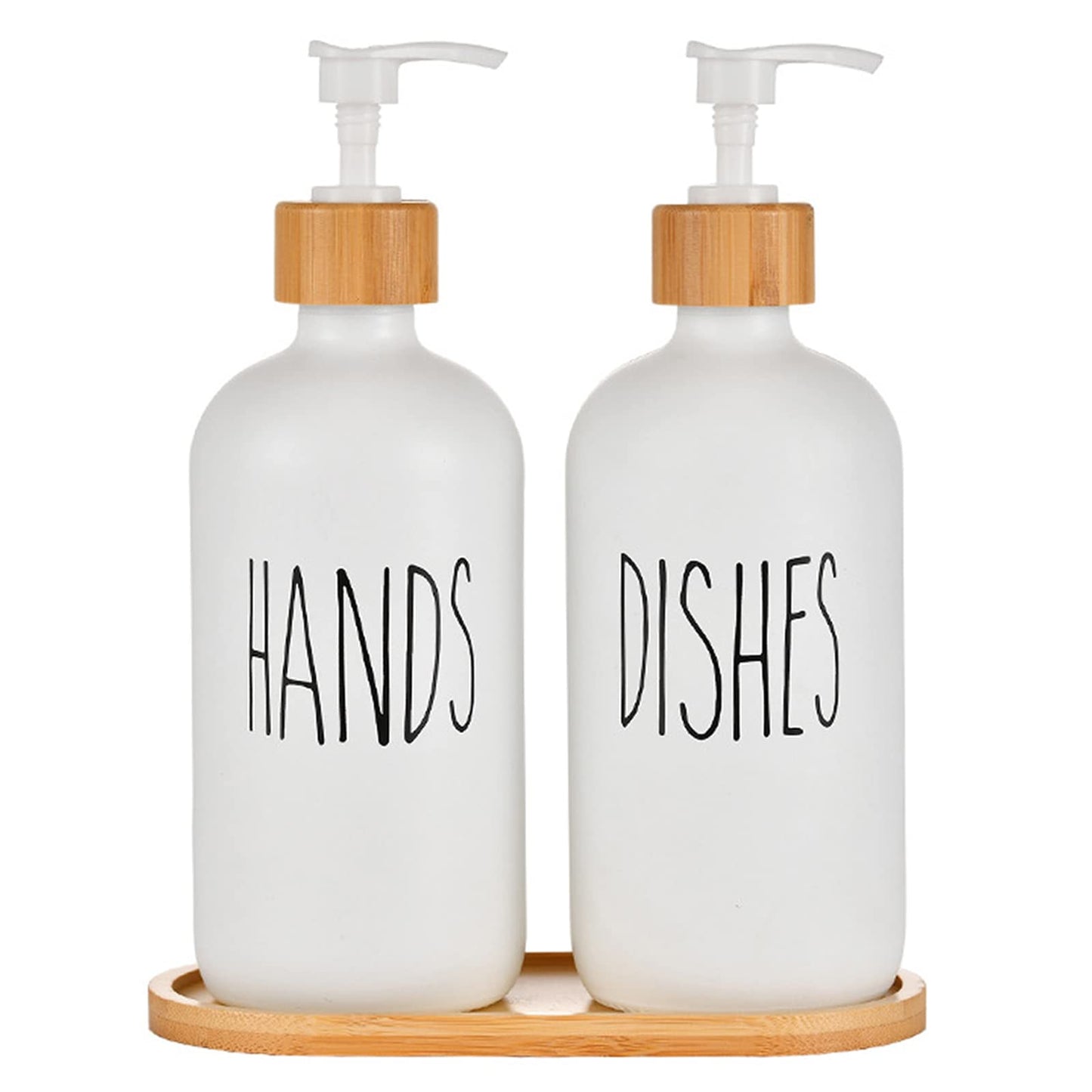 2 Pack Kitchen Soap Dispenser White Kitchen Bathroom Hands and Dishes Dispensers Set Glass Soap Dispenser with Pump Wooden Tray for Countertop Laundry