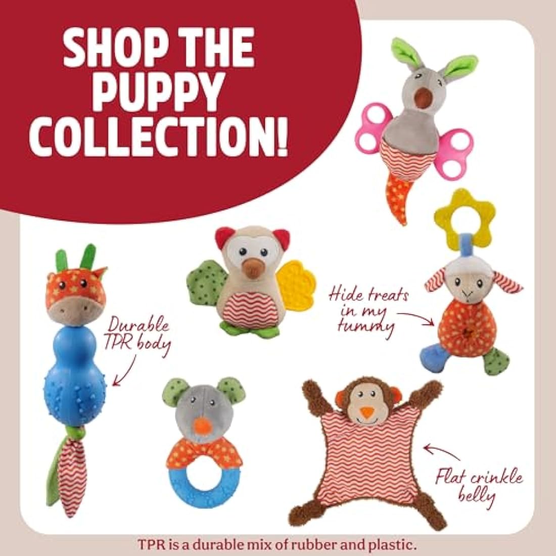 Rosewood Little Nippers Cheeky Chimp Puppy Toy – Enriching Soft Plush Dog Toy with Flat Body – Crinkle and Squeak Teething Toy for Puppies – Small Dog Chew Toy for Play and Comfort