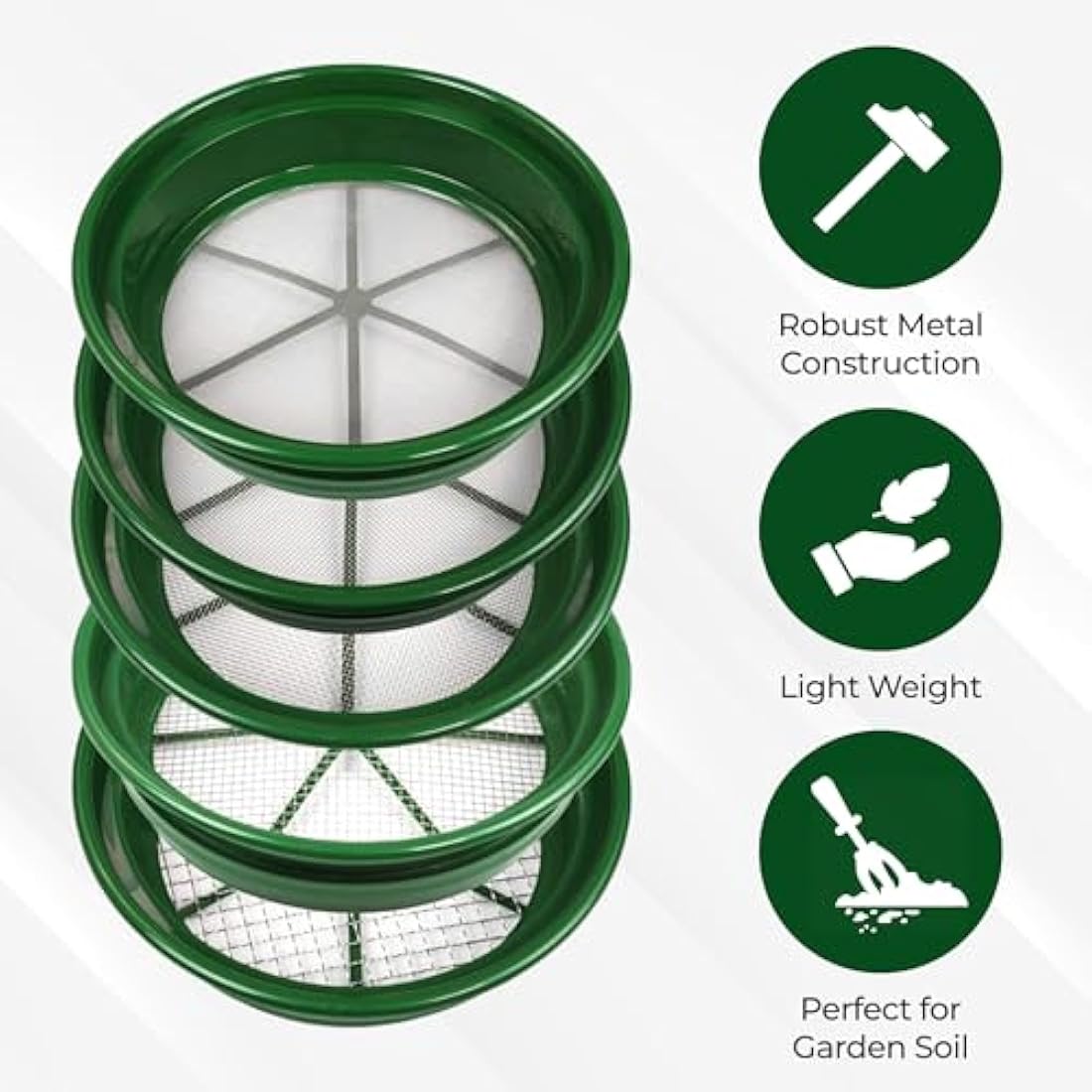 SE 13 1/4 Inch Stackable Classifier Gold Prospecting Pan Set - Includes 1/2" 1/4" 1/8" 1/12" and 1/20" Stainless Steel Mesh Sifting Pans, Green, 5 Pack