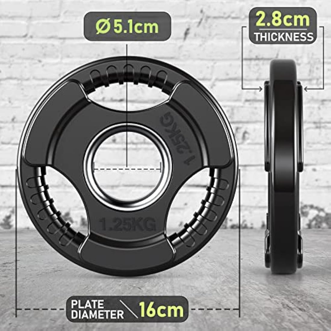 PhysKcal Olympic Weight Plates with Rubber Finish 2’’ Opening and Tri-Grips, Black Barbell Plates Discs for Lifting and Strength Training, Solid Cast Iron Core Weights Set for Barbell, 1.25kg - 20kg