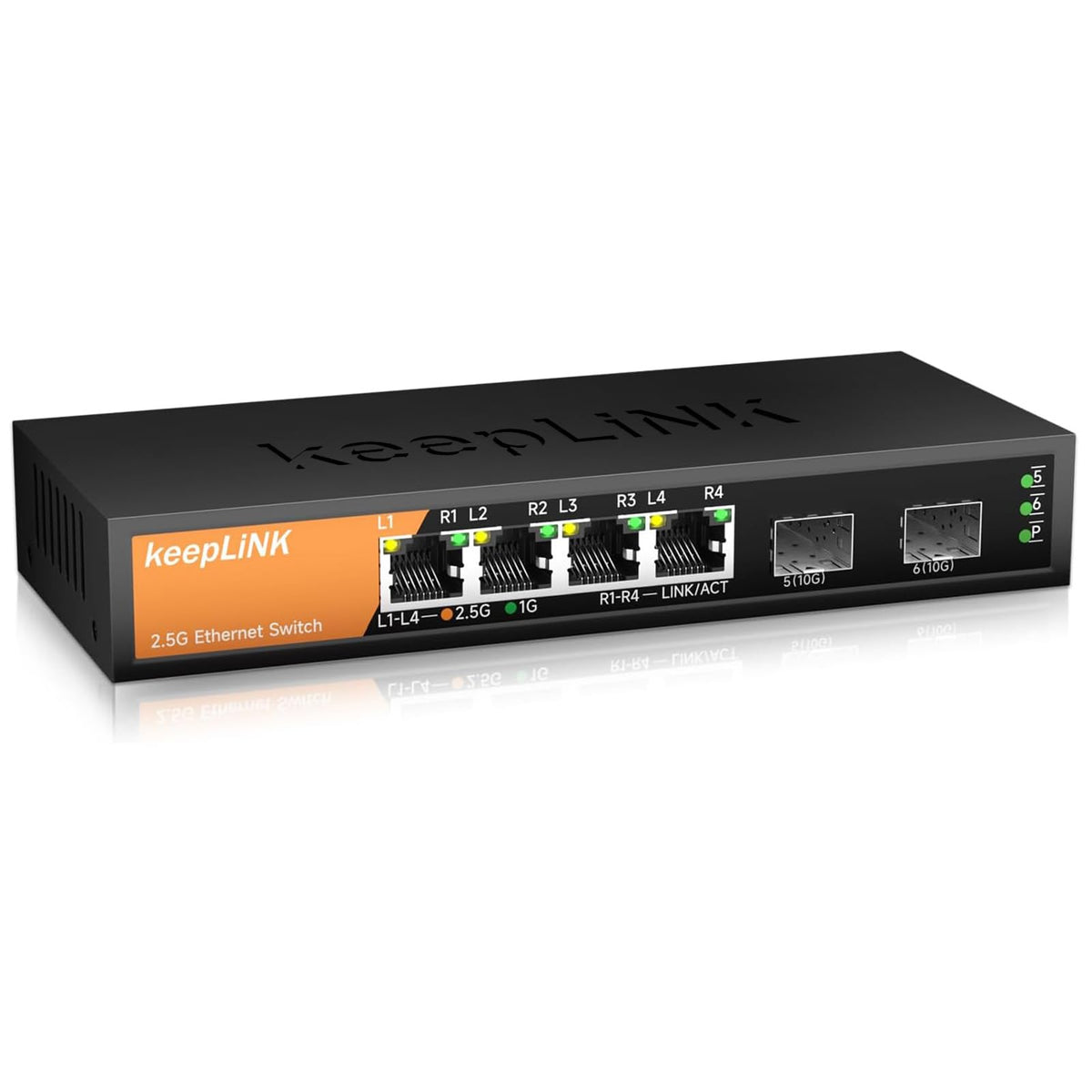 keepLiNK 6-Port 2.5G Switch, Unmanaged, 4 x 2.5GBASE-T Ports and 2 x 10GBASE-T SFP Slots, 60Gbps Switching Capacity, Plug & Play/Wall Mountable /