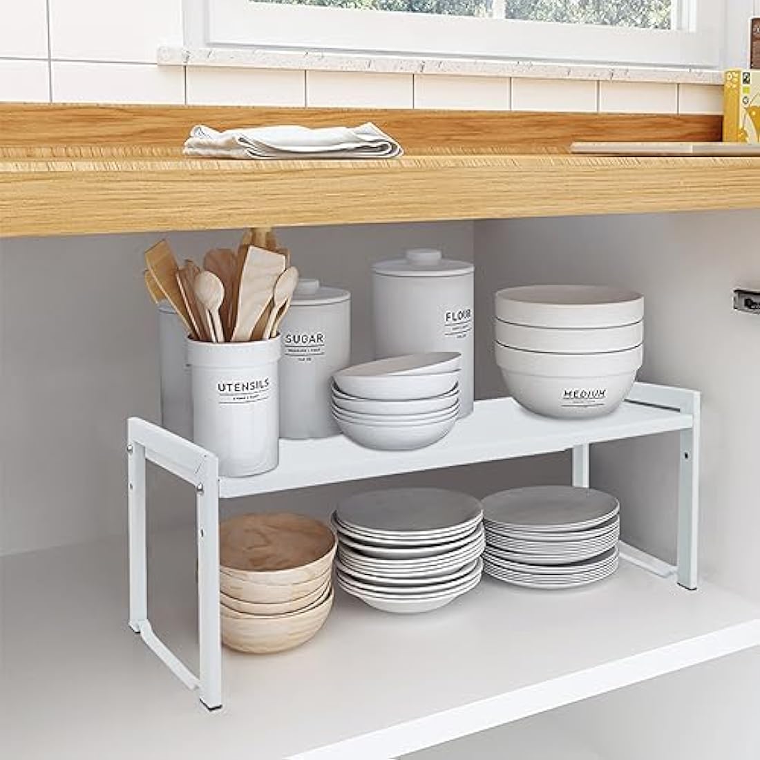 Goodsnetic Expandable Cabinet Shelf 13.8~26"(L), Stackable Kitchen Counter Organizer, 33LBS Heavy Duty Riser, Countertop Storage Pantry , Durable Metal Sink Shelf (White L)