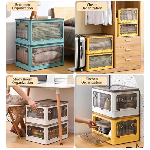 Creahaus 2Pack Storage Boxes with Lids, 28L Stackable Bins for Storage with Wheels, Folding Storage Boxes with Five Doors, Storage Containers
