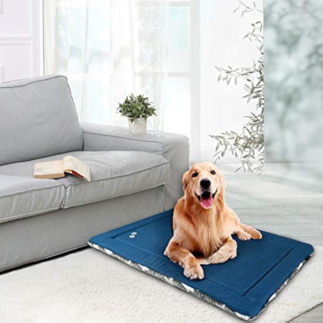 KROSER Dog Bed Mat - Reversible Cool & Warm, 106x71cm, Machine Washable, High Density Foam, Extra Large Dogs, Grey Blue