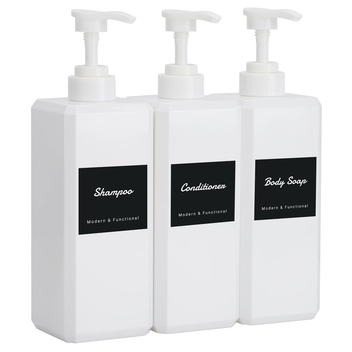 Segus Shower Soap Dispenser, 3 Pieces 800ml Shampoo and Conditioner Bottles, Empty Hand Soap Dispenser, in Plastic, Bathroom Bottles with Labels