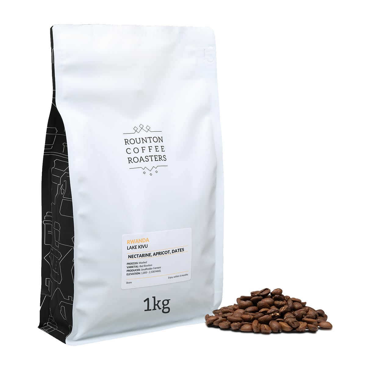 Rounton Coffee Lake Kivu 1kg | 100% Arabica Beans | Medium Espresso Roast | Notes of Nectarine, Apricot & Dates | Intensity 3/5 | Freshly Roasted in