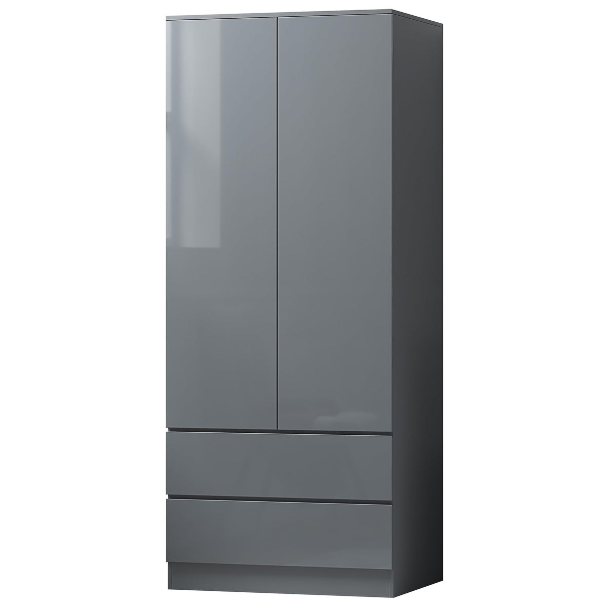 FWStyle Matt Grey With Grey Gloss Doors 2 Door 2 Drawer Combination Wardrobe, Scandinavian Bedroom Nursery Storage with Handleless Design, Hanging